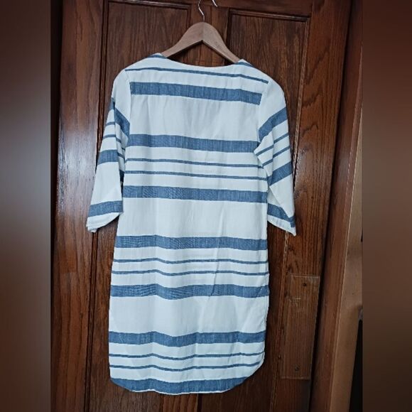 H&M Cotton Striped Beach Dress V Neck Ivory and Blue - Picture 2 of 9